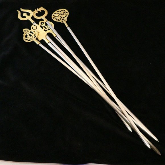 SOLD-6 Vintage 1960's Turkish Stainless Steel & Brass Shish Kebab Skewers, - Picture 8 of 11